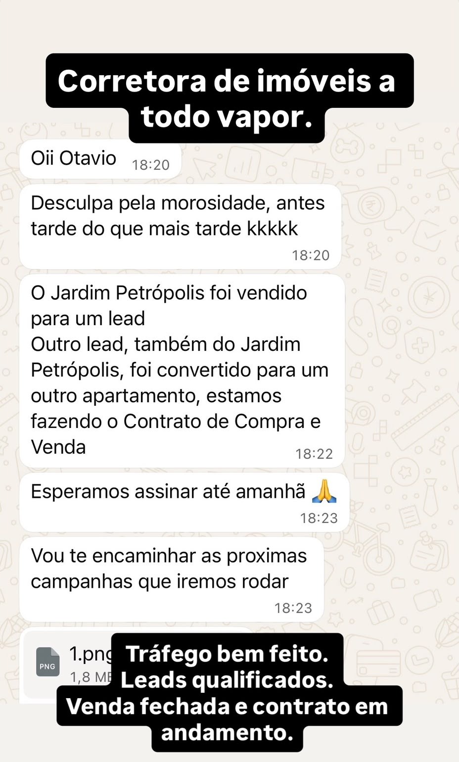 Conversa enviada a Otavio sobre um imóvel vendido por um lead e outro contrato em andamento