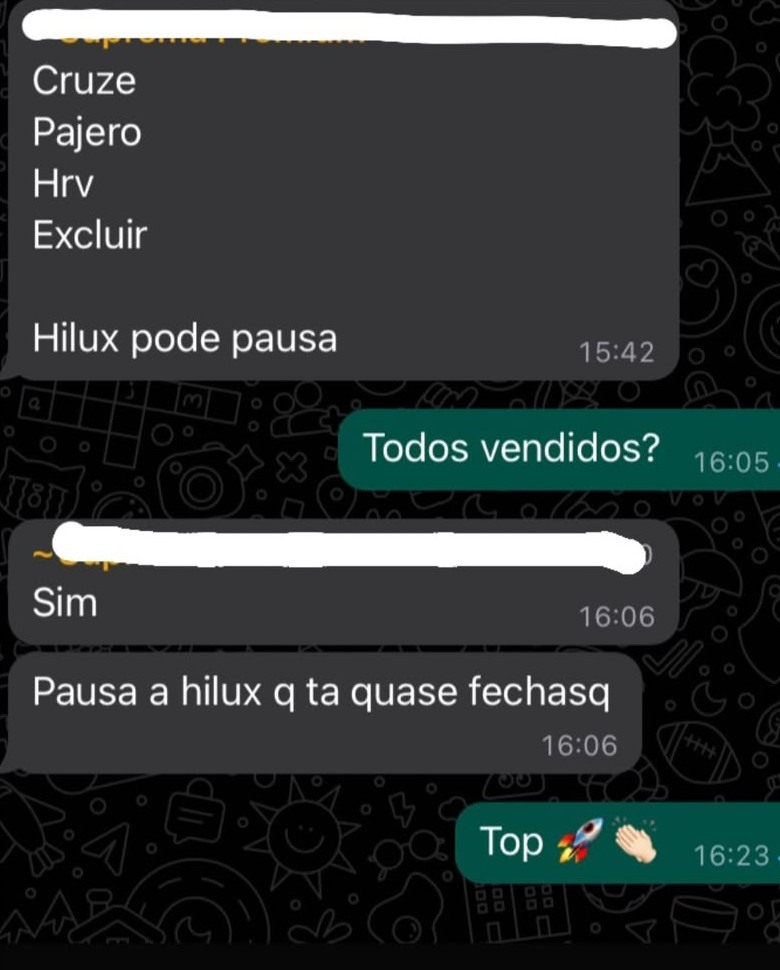 Conversa com uma lista de veículos vendidos e confirmação das vendas
