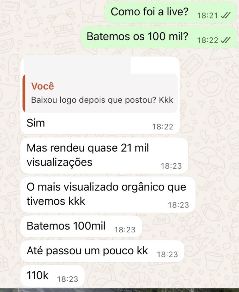 Conversa em que a cliente confirma 110 mil visualizações em uma publicação