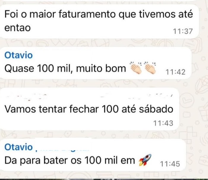 Conversa em que a cliente confirma o maior faturamento até então, próximo de R$ 100 mil