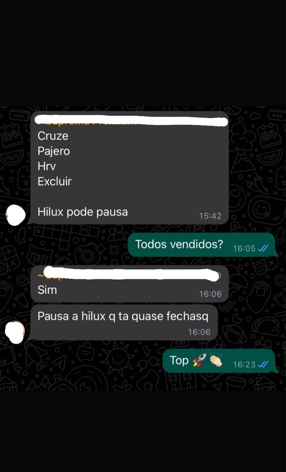 Feedback anonimizado confirmando veículos vendidos a partir de leads de tráfego pago