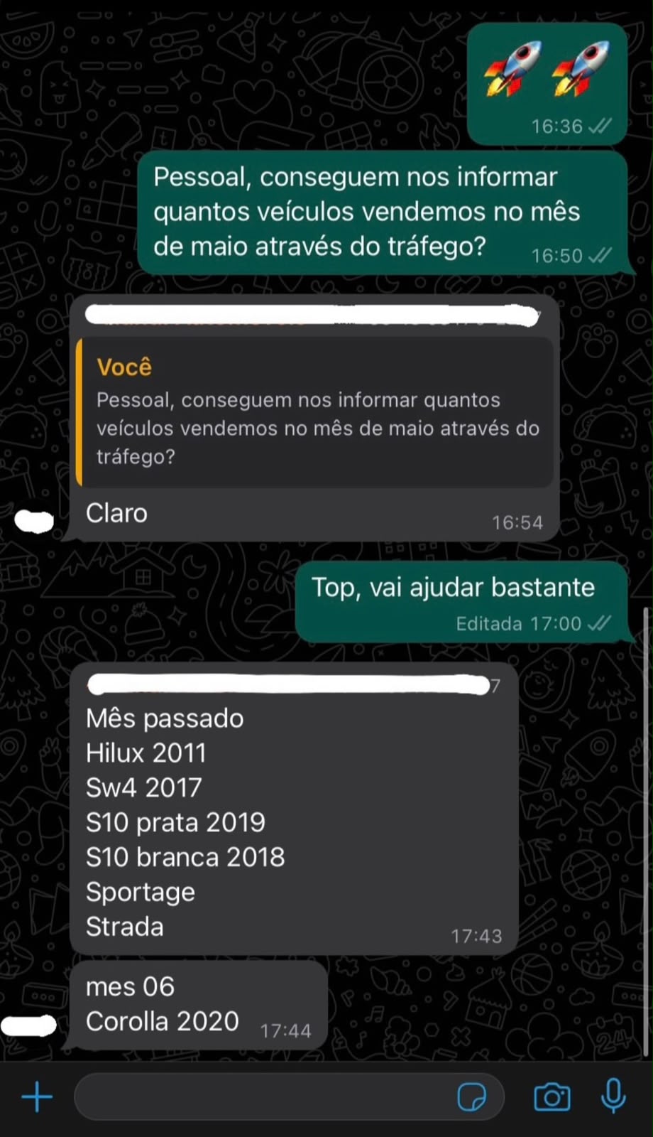 Feedback anonimizado listando veículos vendidos por meio do tráfego pago